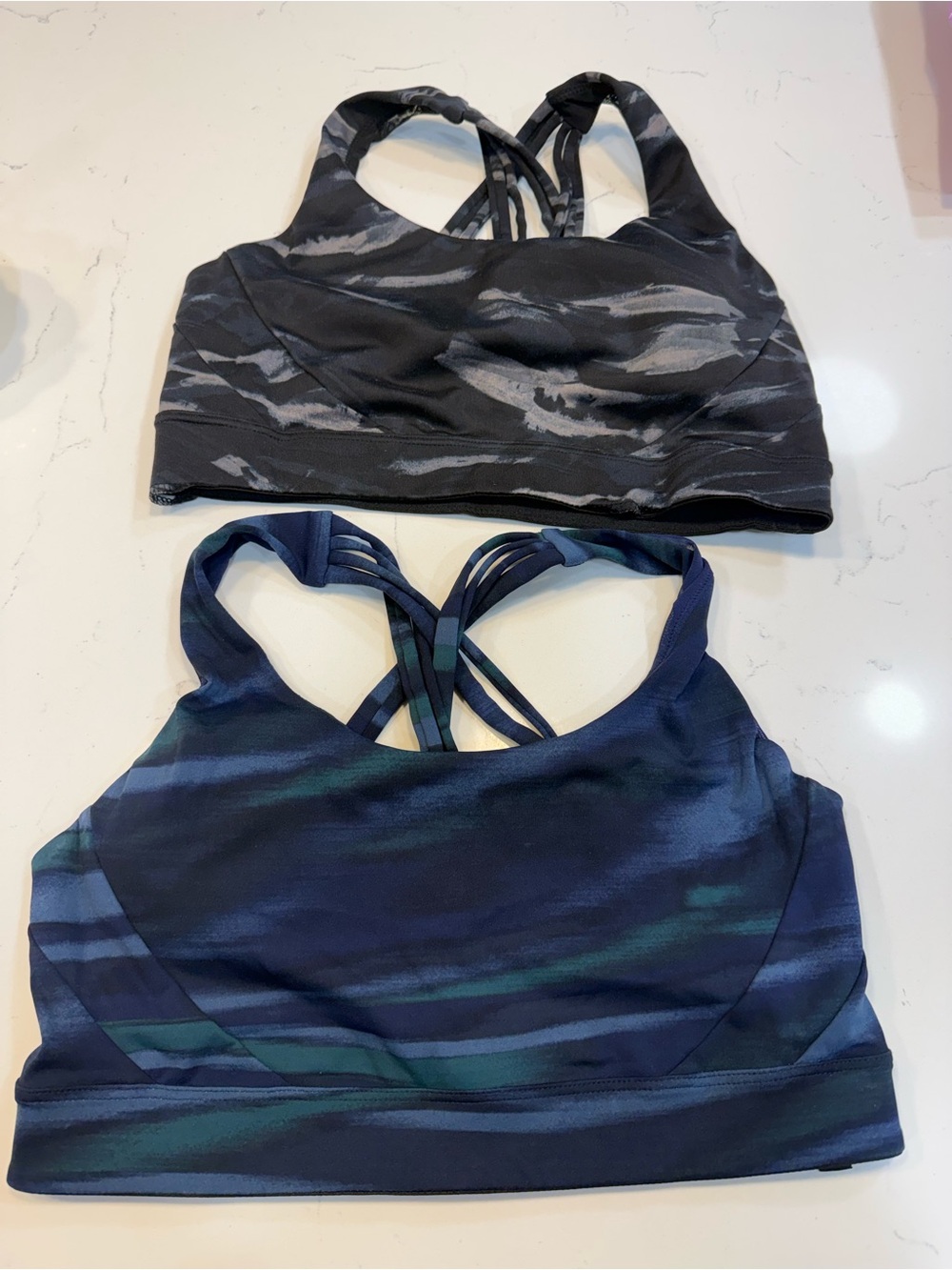 Victoria’s Secret TWO Strappy Sports Bras - Black Camo & Navy Teal Size Medium
